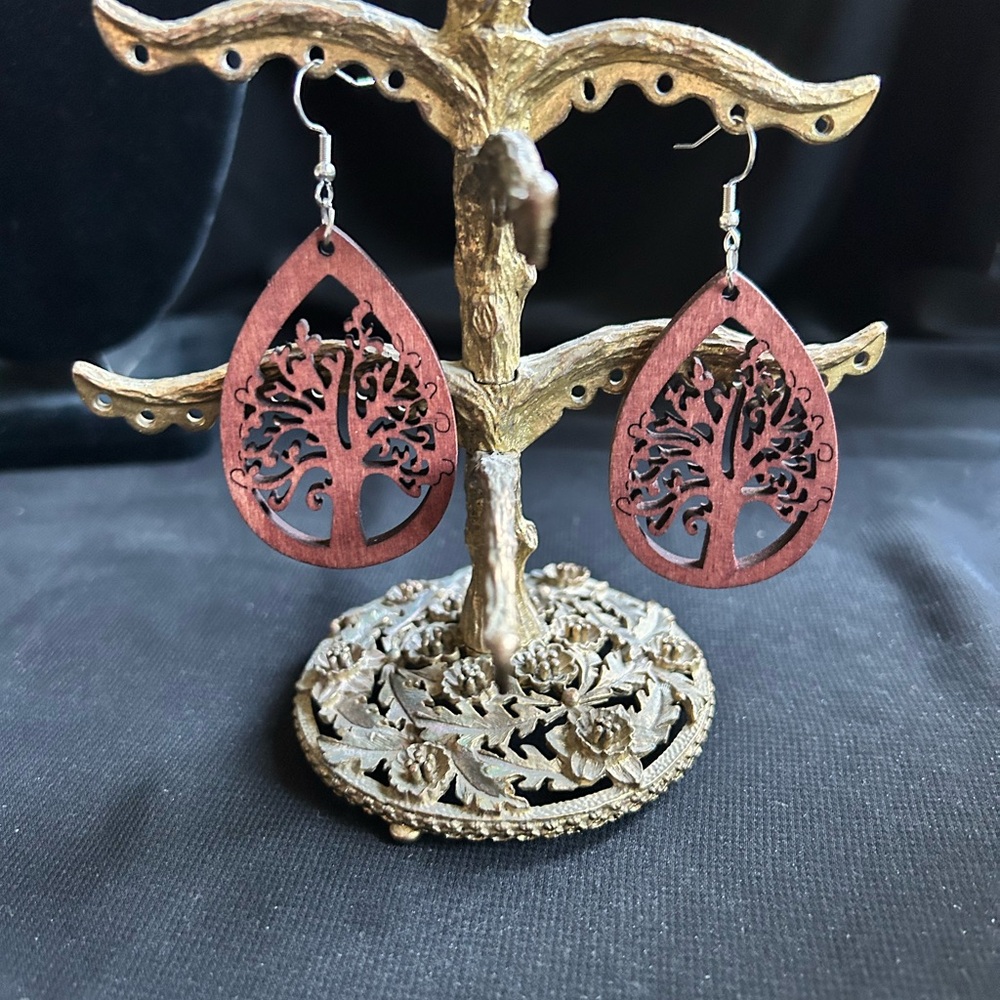 Wooden Laser Cut Tree of Life Earrings with fish hooks.